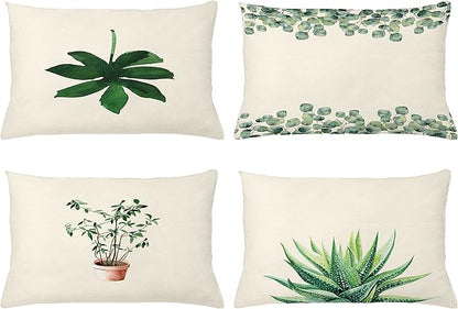 Ambesonne Botanical Throw Pillow Cushion Case Pack of 4, Minimalist Watercolor Painting Leaves Agave Branches Plant in a Pot, Modern Accent Double-Sided Printing, 20" x 12", Green White Pale Rust