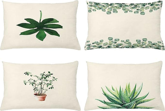 Ambesonne Botanical Throw Pillow Cushion Case Pack of 4, Minimalist Watercolor Painting Leaves Agave Branches Plant in a Pot, Modern Accent Double-Sided Printing, 20" x 12", Green White Pale Rust