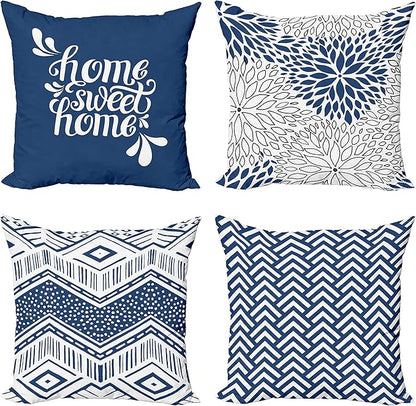 Ambesonne Modern Throw Pillow Cushion Case Pack of 4, Monochrome Design Sharp Angled Squama Scale Dahlia Chevron and Home Phrase, Modern Accent Double-Sided Digital Printing, 18", Dark Sky Blue White