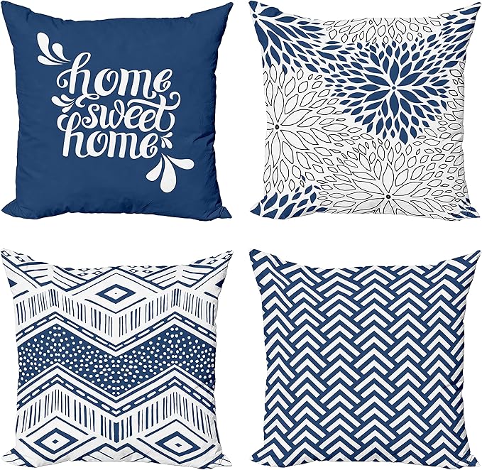 Ambesonne Modern Throw Pillow Cushion Case Pack of 4, Monochrome Design Sharp Angled Squama Scale Dahlia Chevron and Home Phrase, Modern Accent Double-Sided Digital Printing, 16", Dark Sky Blue White