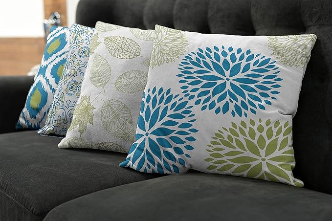 Ambesonne Vintage Throw Pillow Cushion Case Pack of 4, Bohemian Ornamental Leaves Dahlia Pattern Geometric Art Curlicue Motif, Modern Accent Double-Sided Digital Printing, 16", Blue Olive Green White