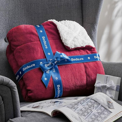 Bedsure GentleSoft Sherpa Fleece Blankets Queen Size for Bed - Thick and Warm Throw for Girls and Women, Soft Fuzzy Plush Queen Christmas Blanket for Winter, Red, 90x90 Inches