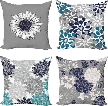 Ambesonne Floral Throw Pillow Cushion Case Pack of 4, Flower Petals Modern Color Palette Cold Tones Chamomile Peony Dahlia Sunflower, Modern Accent Double-Sided Digital Printing, 18", Grey Navy Blue