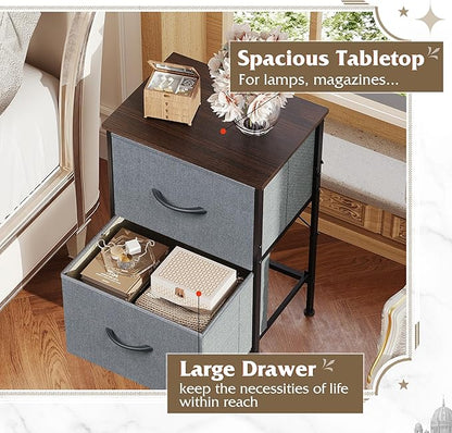 WLIVE Nightstand, Nightstand with 2 Drawers, Bedside Furniture, Night Stand, Small Dresser for Bedroom, College Dorm, End Table with Fabric Bins, Dormitory, Dark Grey, Size L