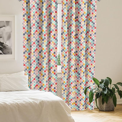 Ambesonne Geometric Window Curtains Pack of 2, Raindrops Doodle Style Creative Leaf Shaped Colorful Girls Theme, Lightweight Set with Rod Pocket, 4 Panels of - 28" x 95", Teal Coral
