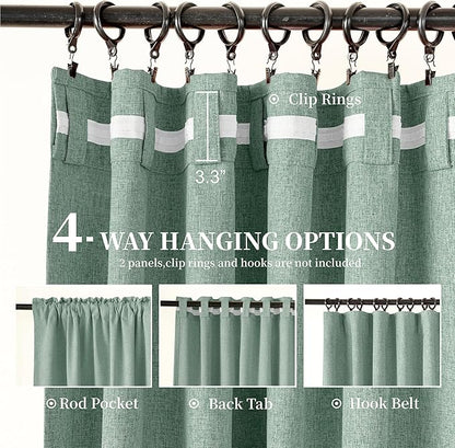 KangBang 100% Blackout Linen Curtains 72x108 Inches Long, Back Tab Pocket Pleated Room Darkening Curtains for Living Room Sliding Patio Door, Soft Thick Linen Textured Drapes, 2Pcs, Cameo Green