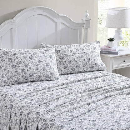 Laura Ashley - Flannel Sheets Queen Size, Anti-Pilling & Wrinkle Resistant Cotton, Touchably Soft for All-Season Comfort - Bed Sheets with Matching Pillowcases & Fitted Sheet (Faye Toile Black)