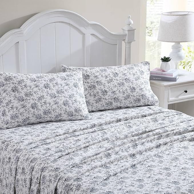 Laura Ashley - Flannel Sheets King Size, Anti-Pilling & Wrinkle Resistant Cotton, Touchably Soft for All-Season Comfort - Bed Sheets with Matching Pillowcases & Fitted Sheet (Faye Toile Black)
