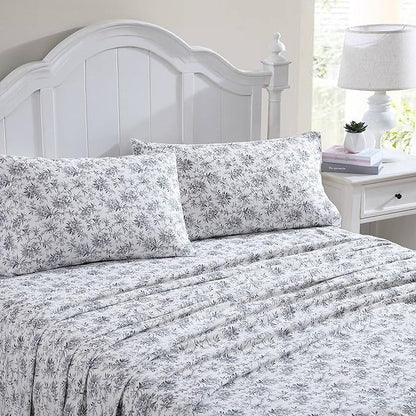 Laura Ashley - Flannel Sheets King Size, Anti-Pilling & Wrinkle Resistant Cotton, Touchably Soft for All-Season Comfort - Bed Sheets with Matching Pillowcases & Fitted Sheet (Faye Toile Black)