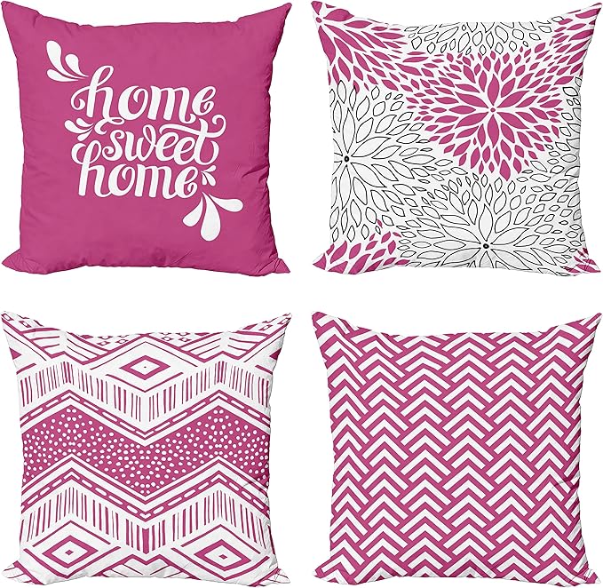 Ambesonne Geometric Throw Pillow Cushion Case Pack of 4, Home Phrase Minimal Zigzag Squama Dahlia Flowers Chevron Tribal, Modern Accent Double-Sided Digital Printing, 20", Pink White and Charcoal Grey