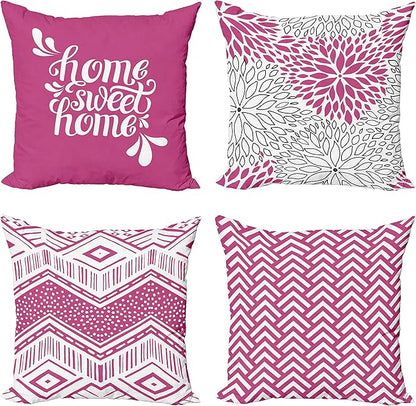 Ambesonne Geometric Throw Pillow Cushion Case Pack of 4, Home Phrase Minimal Zigzag Squama Dahlia Flowers Chevron Tribal, Modern Accent Double-Sided Digital Printing, 20", Pink White and Charcoal Grey