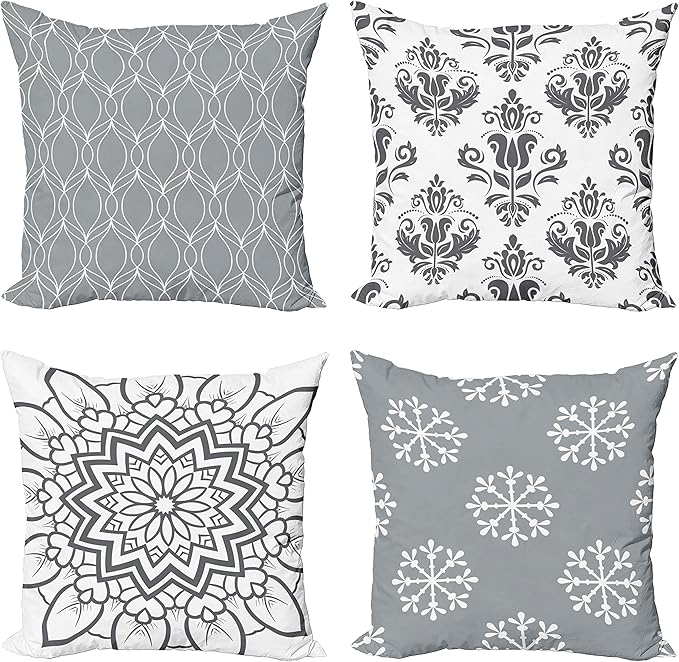 Ambesonne Retro Throw Pillow Cushion Case Pack of 4, Trellis Grid Medieval Floral Damask Mandala Flower Ornament in Modern Grayscale, Modern Accent Double-Sided Digital Printing, 20", Grey and White