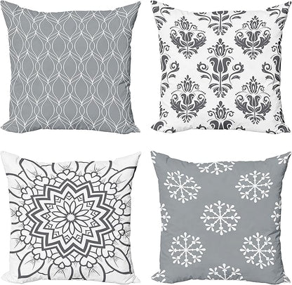 Ambesonne Retro Throw Pillow Cushion Case Pack of 4, Trellis Grid Medieval Floral Damask Mandala Flower Ornament in Modern Grayscale, Modern Accent Double-Sided Digital Printing, 20", Grey and White