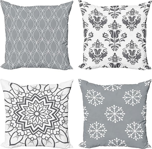 Ambesonne Retro Throw Pillow Cushion Case Pack of 4, Trellis Grid Medieval Floral Damask Mandala Flower Ornament in Modern Grayscale, Modern Accent Double-Sided Digital Printing, 20", Grey and White