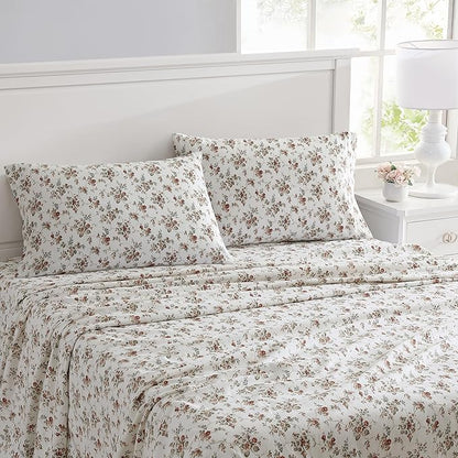 Laura Ashley - Flannel Sheets Full Size, Anti-Pilling & Wrinkle Resistant Cotton, Touchably Soft for All-Season Comfort - Bed Sheets with Matching Pillowcases & Fitted Sheet (Le Fleur Orange)