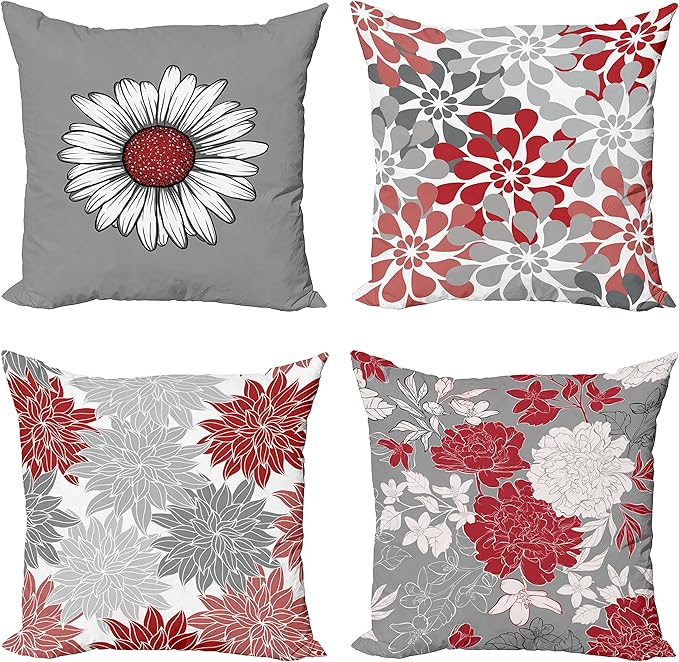Ambesonne Floral Throw Pillow Cushion Case Pack of 4, Flower Petals Modern Color Palette Chamomile Peony Dahlia and Sunflower Print, Modern Accent Double-Sided Digital Printing, 24", Grey Dark Pink