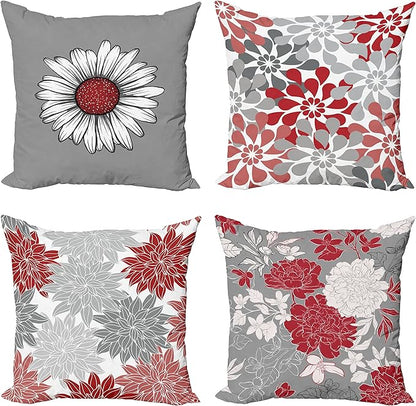 Ambesonne Floral Throw Pillow Cushion Case Pack of 4, Flower Petals Modern Color Palette Chamomile Peony Dahlia and Sunflower Print, Modern Accent Double-Sided Digital Printing, 24", Grey Dark Pink