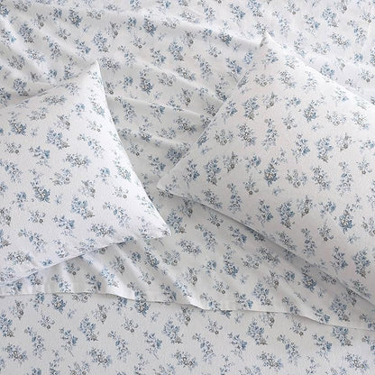 Laura Ashley - Flannel Sheets Twin Size, Anti-Pilling & Wrinkle Resistant Cotton, Touchably Soft for All-Season Comfort - Bed Sheets with Matching Pillowcase & Fitted Sheet (Audrey Blue)