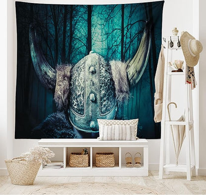 Lunarable Viking Tapestry, Barbarian Warrior Head with Horns in Mystical Scandinavian Forest, Wide Wall Hanging for Bedroom Living Room Dorm, 80" X 60", Petrol Blue Sand Brown
