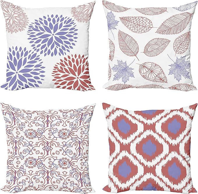 Ambesonne Vintage Throw Pillow Cushion Case Pack of 4, Bohemian Ornamental Leaves Dahlia Pattern Geometric Art Curlicue Motif, Modern Accent Double-Sided Digital Printing, 20", Lavender Pale Maroon