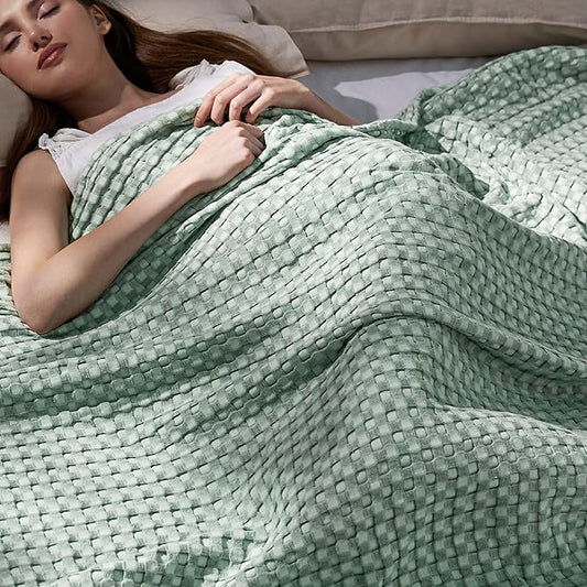Bedsure Cooling Cotton Waffle King Size Blanket - Lightweight Breathable Blanket of Rayon Derived from Bamboo for Hot Sleepers, Luxury Throws for Bed, Couch and Sofa, Sage Green, 104x90 Inches