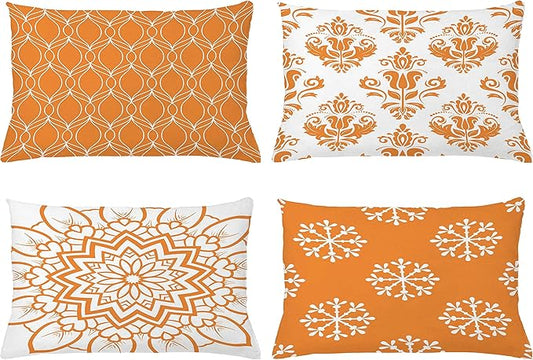 Ambesonne Retro Throw Pillow Cushion Case Pack of 4, Trellis Grid Medieval Floral Damask Mandala Flower Ornament in Modern Monochrome, Modern Accent Double-Sided Printing, 20" x 12", Burnt Orange
