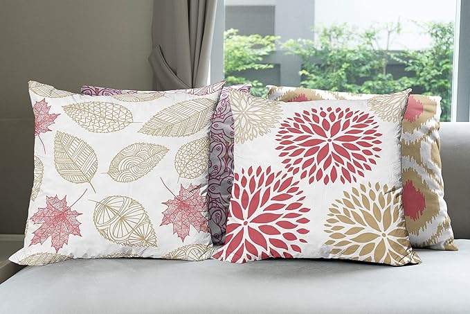 Ambesonne Vintage Throw Pillow Cushion Case Pack of 4, Bohemian Ornamental Leaves Dahlia Pattern Geometric Art Curlicue Motif, Modern Accent Double-Sided Digital Printing, 18", Dark Pink and Camel