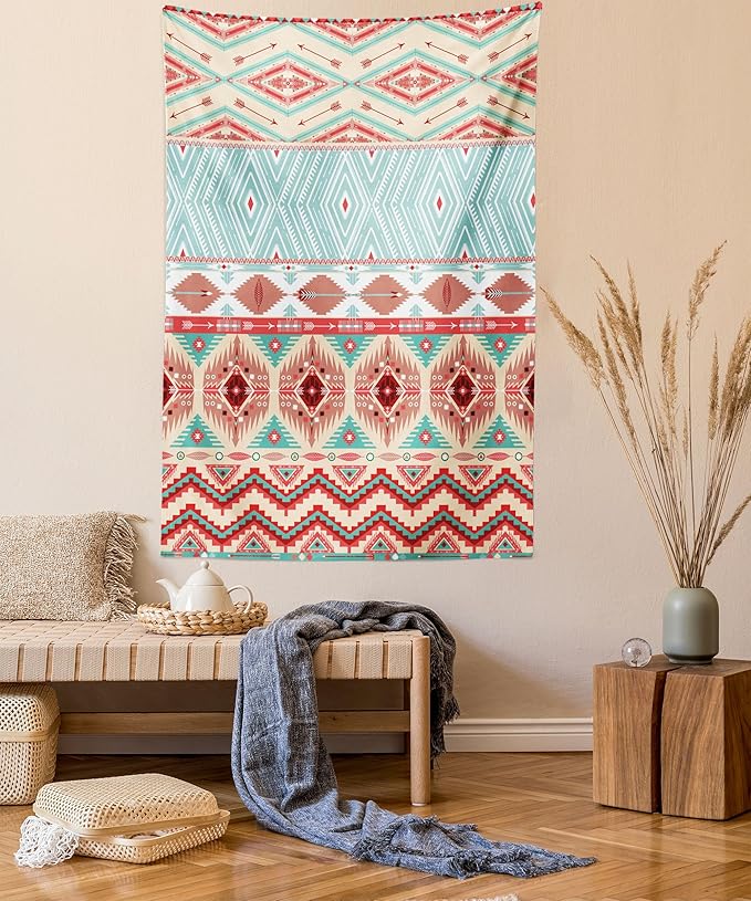 Lunarable Aztec Tapestry Twin Size, Culture Inspirations Ornamental Indigenous Chevron, Wall Hanging Bedspread Bed Cover Wall Decor, Twin Size, Turquoise Beige