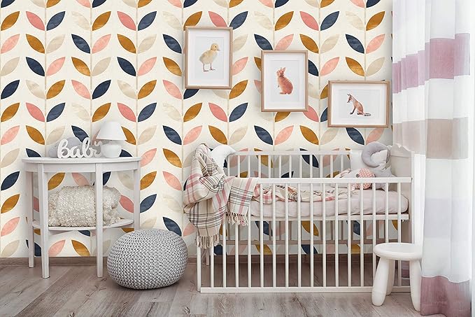 Removable Peel 'n Stick Wallpaper, Self-Adhesive Wall Mural, Rose Gold Blue Floral Pattern, Nursery Baby’s Room Decor • Scandinavian Design (Sample 12" W x 8" H)