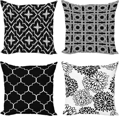 Ambesonne Vintage Throw Pillow Cushion Case Pack of 4, Monochrome Design Grid Trellis Quatrefoil Mesh and Dahlia Flowers Modern, Modern Accent Double-Sided Digital Printing, 24", Charcoal Grey White