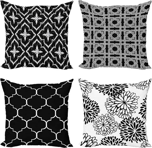 Ambesonne Vintage Throw Pillow Cushion Case Pack of 4, Monochrome Design Grid Trellis Quatrefoil Mesh and Dahlia Flowers Modern, Modern Accent Double-Sided Digital Printing, 20", Charcoal Grey White