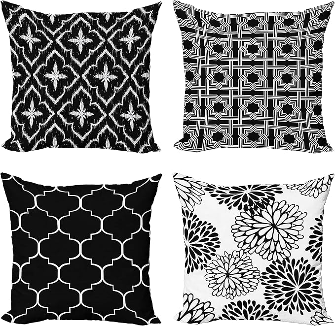 Ambesonne Vintage Throw Pillow Cushion Case Pack of 4, Monochrome Design Grid Trellis Quatrefoil Mesh and Dahlia Flowers Modern, Modern Accent Double-Sided Digital Printing, 18", Charcoal Grey White
