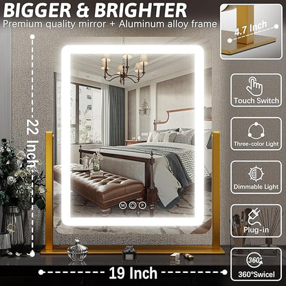 FENNIO Vanity Mirror with Lights 22 Inch- LED Lighted Makeup Mirror,Large Makeup Mirror with Lights,Touch Screen with 3-Color Lighting,Led Mirror Makeup,Dimmable(Gold)