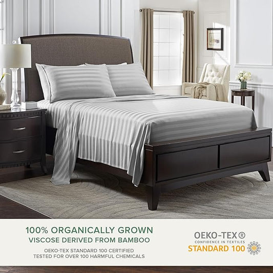 King Sheets by Pure Bamboo, Genuine 100% Organic Viscose Derived from Bamboo Bed Sheet Set, Luxuriously Soft & Cooling, Double Stitching, Lifetime Quality Promise (King, Jacquard Silver)