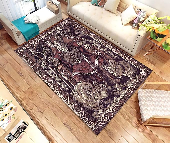 Nordic Rug, Mythological Carpet, Scandinavian Decor, Viking Drakkar Symbols, Compass Rug, Valknut Norse Mythology Viking, Ansuz Carpet np550 (55X78inch//140x200Cm)