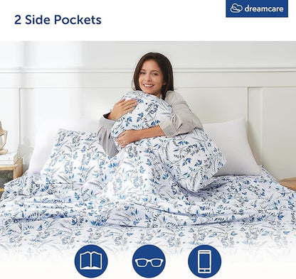 DREAMCARE Twin Size Sheets - Cooling Bed Sheets - Twin Sheet Set - Soft & Long Lasting 100% Fine Brushed Floral Blue Sheets