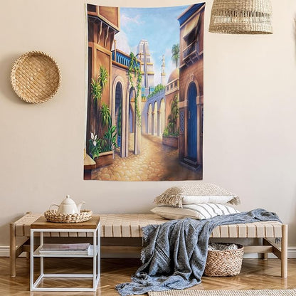 Lunarable City Tapestry Queen Size, Babylon City Gardens Architecture 7 Wonders of the World, Wall Hanging Bedspread Bed Cover Wall Decor, 88" X 88", Caramel Green