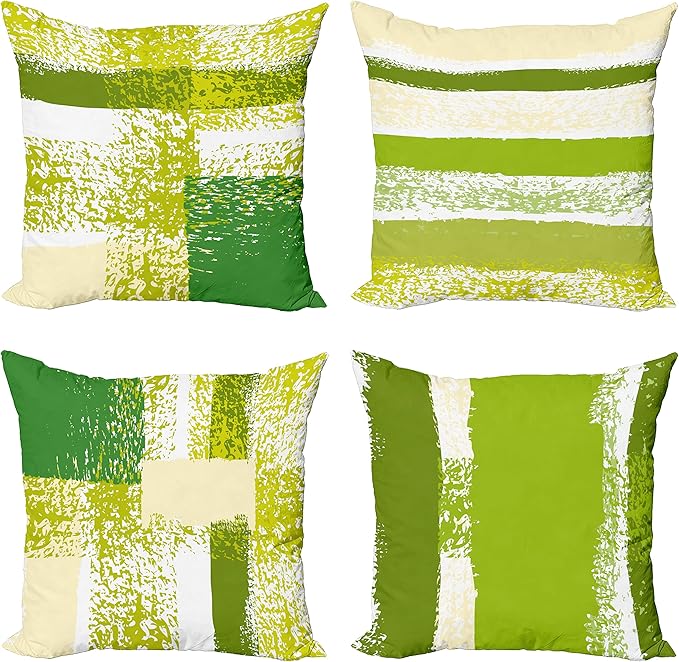 Ambesonne Grunge Throw Pillow Cushion Case Pack of 4, Abstract Design Simplistic Minimal Stripes Brushstrokes Contemporary, Modern Accent Double-Sided Digital Printing, 24", Lime Green Cream and White
