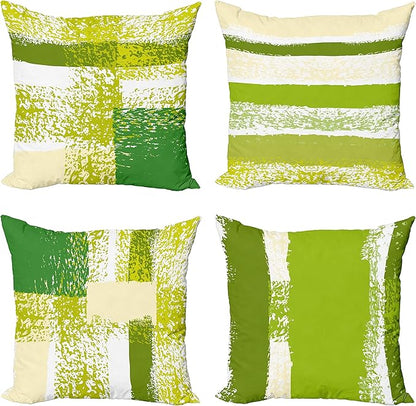 Ambesonne Grunge Throw Pillow Cushion Case Pack of 4, Abstract Design Simplistic Minimal Stripes Brushstrokes Contemporary, Modern Accent Double-Sided Digital Printing, 24", Lime Green Cream and White