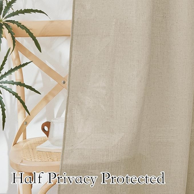 RYB HOME Linen Sheer Curtains for Living Room Bedroom Kitchen, Light Filtering Vertical Breathable Fabric Farmhouse Privacy Protection Window Drapes, W 60 x L 95 inches, Beige, 1 Panel