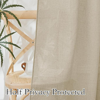 RYB HOME Flax Linen Blend Curtains - Semi Translucent Privacy Kitchen Curtains, Light Glare Control Window Drapes for Bathroom Closet Nursery, 52" W x 63" L, 2 Pcs, Beige