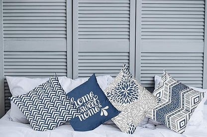 Ambesonne Modern Throw Pillow Cushion Case Pack of 4, Monochrome Design Sharp Angled Squama Scale Dahlia Chevron and Home Phrase, Modern Accent Double-Sided Digital Printing, 18", Dark Sky Blue White