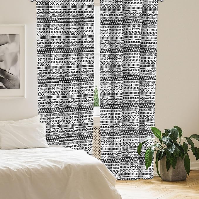 Ambesonne Striped Curtains, Trippy Mystic Aztec Culture Antique Aged Folk Old Bohemian Print, Window Treatments 2 Panel Set for Living Room Bedroom, Pair of - 28" x 63", White Black