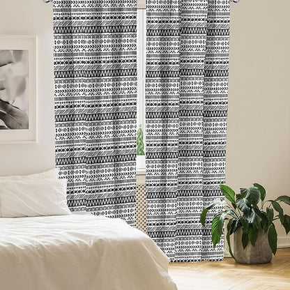 Ambesonne Striped Curtains, Trippy Mystic Aztec Culture Antique Aged Folk Old Bohemian Print, Window Treatments 2 Panel Set for Living Room Bedroom, Pair of - 28" x 63", White Black