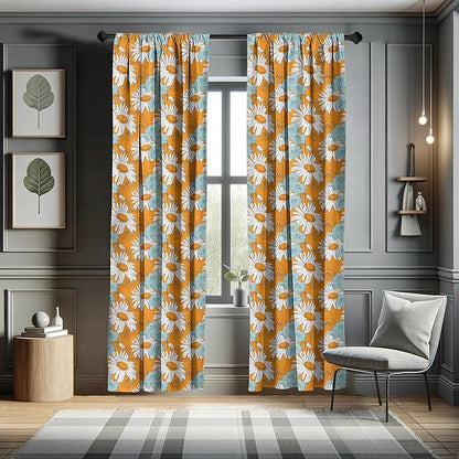 Ambesonne Orange Window Curtains, Blooming Spring Daisies on Orange Backdrop Romantic Feminine Petals, Lightweight Decorative Panels Set of 2 with Rod Pocket, Pair of - 28" x 63", Blue Orange