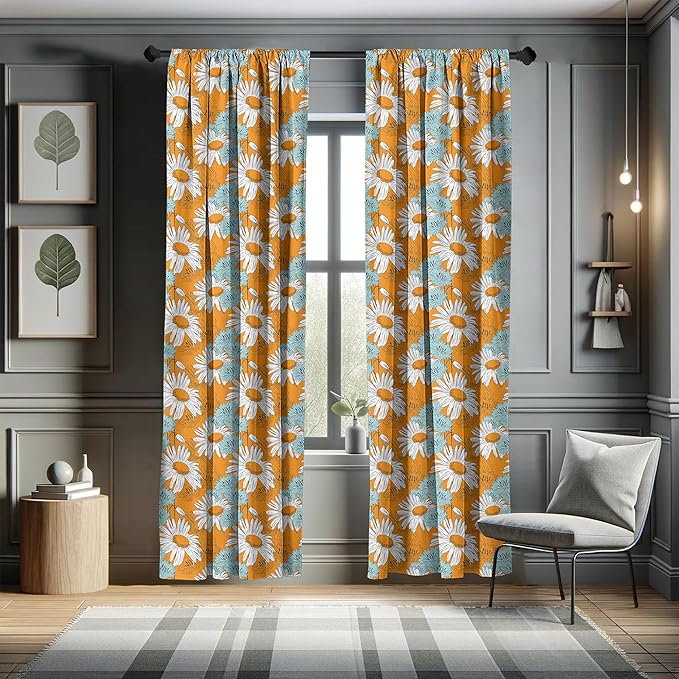 Ambesonne Orange Window Curtains, Blooming Spring Daisies on Orange Backdrop Romantic Feminine Petals, Lightweight Decorative Panels Set of 2 with Rod Pocket, Pair of - 28" x 95", Blue Orange