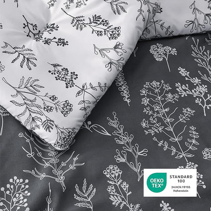 Bedsure King Comforter Set - Dark Grey Bed Set, 3 Pieces Cute Floral Bedding, 1 Soft Reversible Botanical Flowers Comforter and 2 Pillow Shams