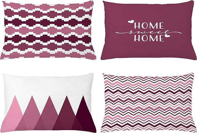 Ambesonne Modern Throw Pillow Cushion Case Pack of 4, Geometric Style Pattern of Triangles Zigzags Love Home Phrase Print, Modern Accent Double-Sided Printing, 20" x 12", Dried Rose and Pale Pink