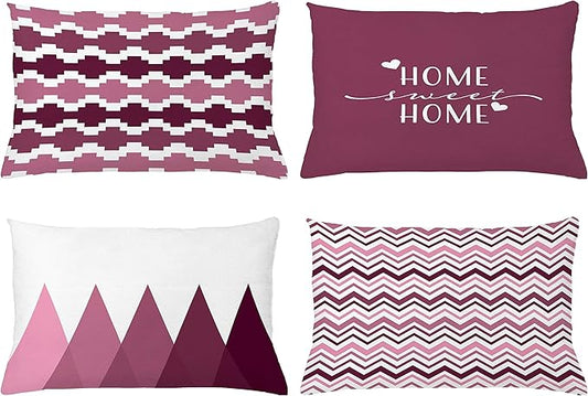 Ambesonne Modern Throw Pillow Cushion Case Pack of 4, Geometric Style Pattern of Triangles Zigzags Love Home Phrase Print, Modern Accent Double-Sided Printing, 20" x 12", Dried Rose and Pale Pink