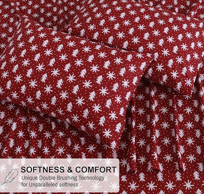 RUVANTI Flannel Sheets Full Size - 100% Cotton Double Brushed Bed Sheets Set, Deep Pockets 16 Inches, All Seasons Breathable & Extra Soft Full Sheets, Warm & Cozy, 4 Piece, Red Christmas